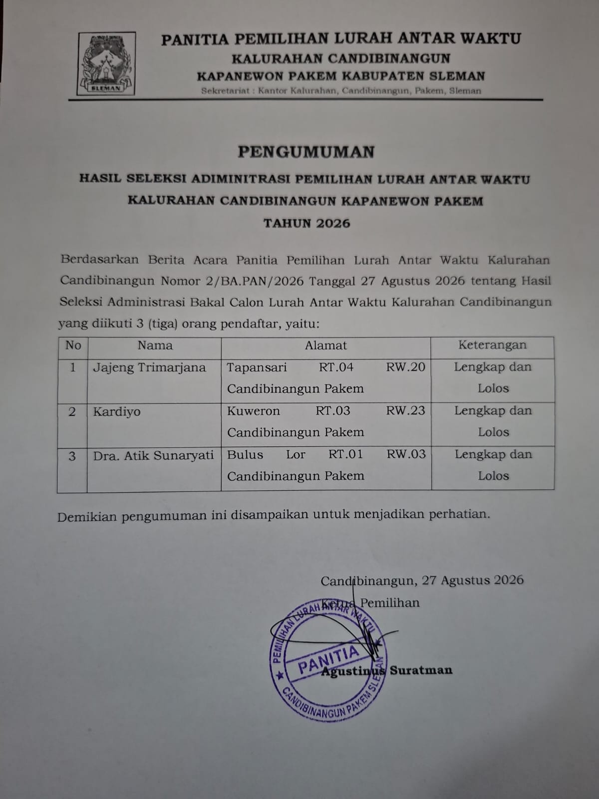 PENGUMUMAN HASIL SELEKSI ADMINISTRASI PEMILIHAN LURAH
